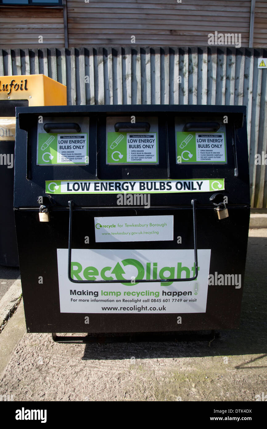 Recycling container for collecting recycling low energy lamps Tesco carpark UK Stock Photo
