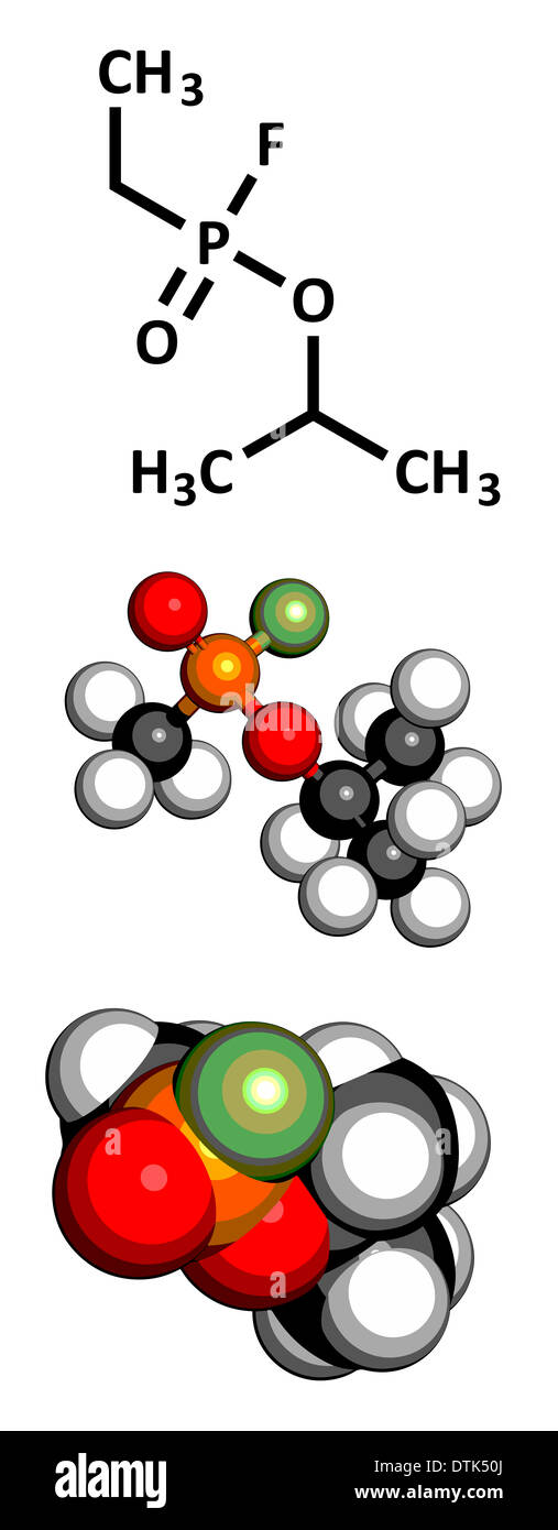 Sarin nerve agent molecule. Chemical weapon, classified as a weapon of mass destruction. Three representations. Stock Photo