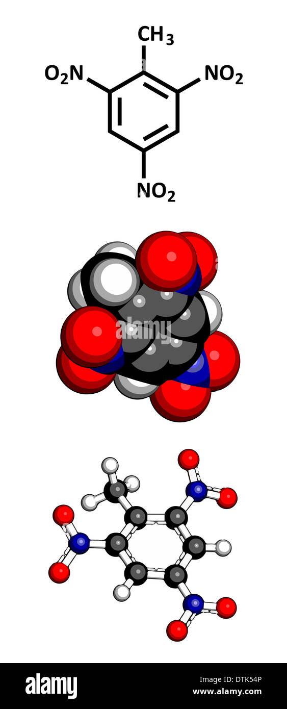 Trinitrotoluene (TNT) explosive molecule. Three representations: 2D skeletal formula, 3D ball-and-stick model, etc Stock Photo