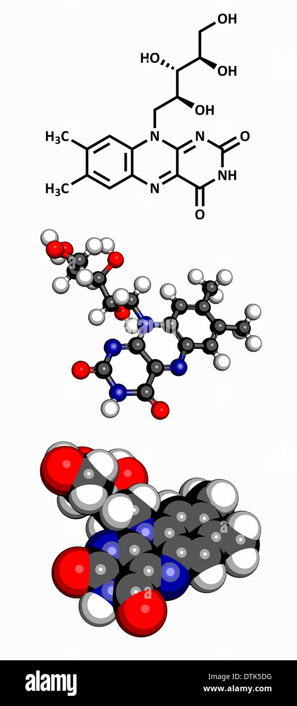 Vitamin B2 (riboflavin) molecule. Three representations: 2D skeletal formula, 3D ball-and-stick model, 3D space-filling model. Stock Photo