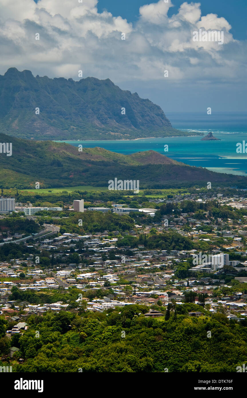 Looking out toward Kaneohe from the Pali Stock Photo