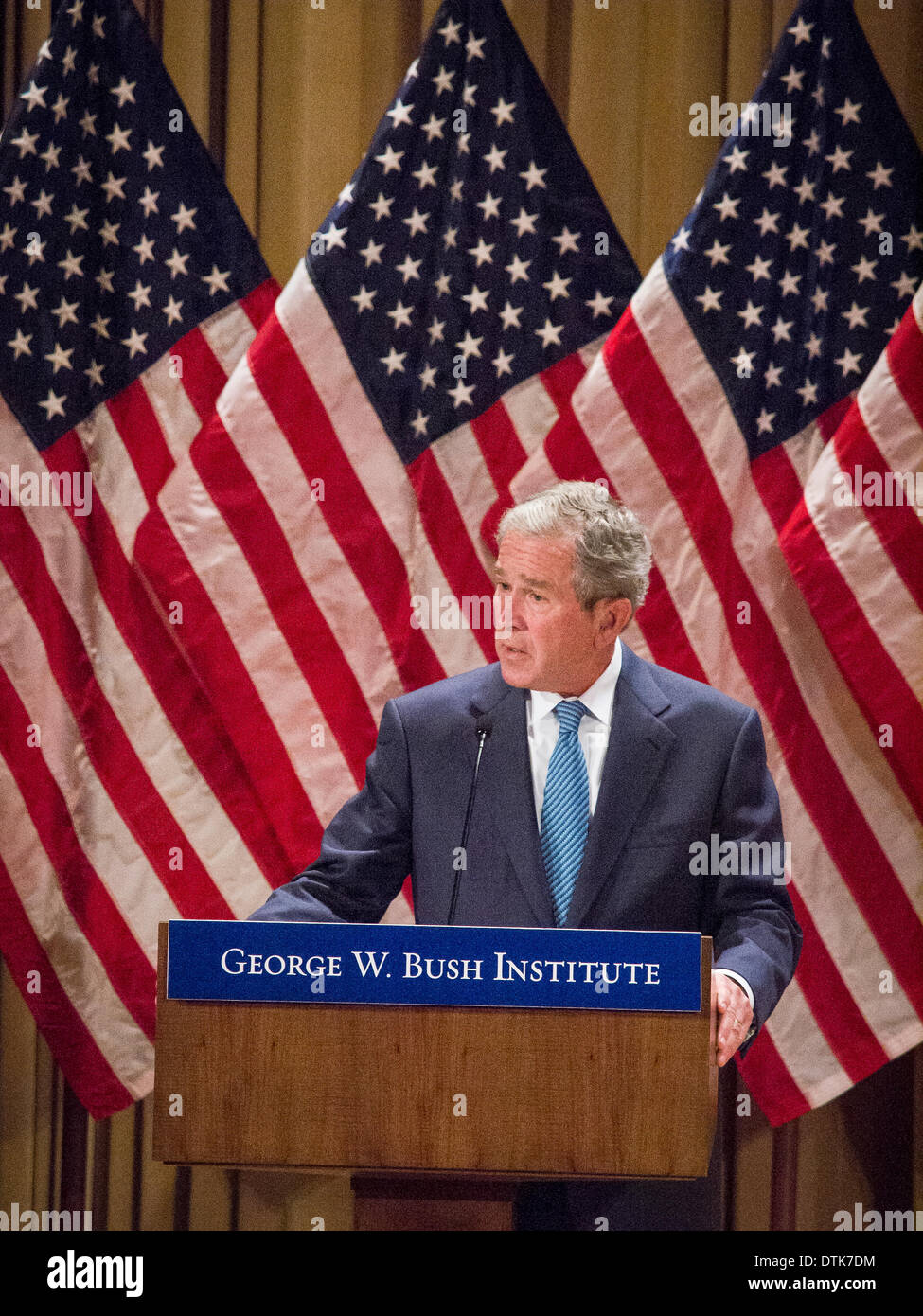 Former President George W. Bush speaks at his Presidential Library on the campus of SMU in Dallas, Texas. Stock Photo