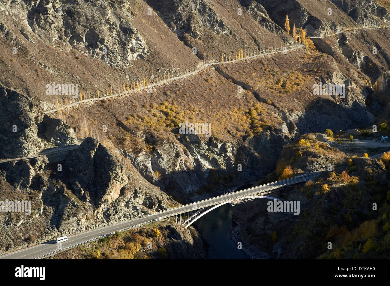 Road and State Highway Six, Gibbston Valley, Otago, South Island, New Zealand - aerial Stock Photo