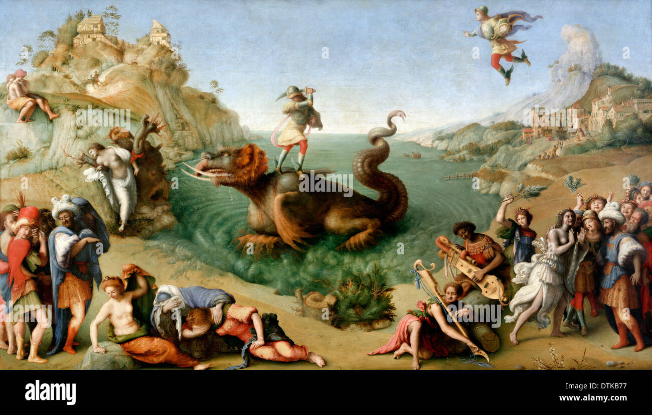Piero di Cosimo, Andromeda freed by Perseus 1510 - c. 1515 Oil on panel. Uffizi Gallery, Florence, Italy. Stock Photo