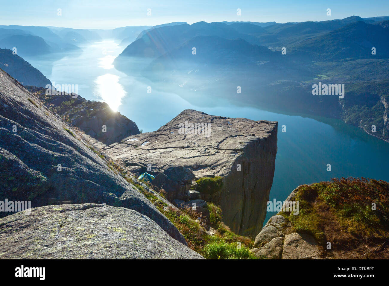 Preikestolen massive cliff (Norway, Lysefjorden summer morning view) Stock Photo