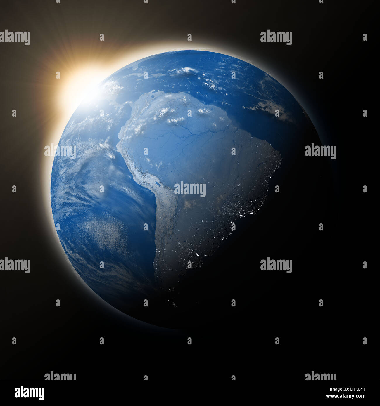 Sun over South America on blue planet Earth isolated on black ...
