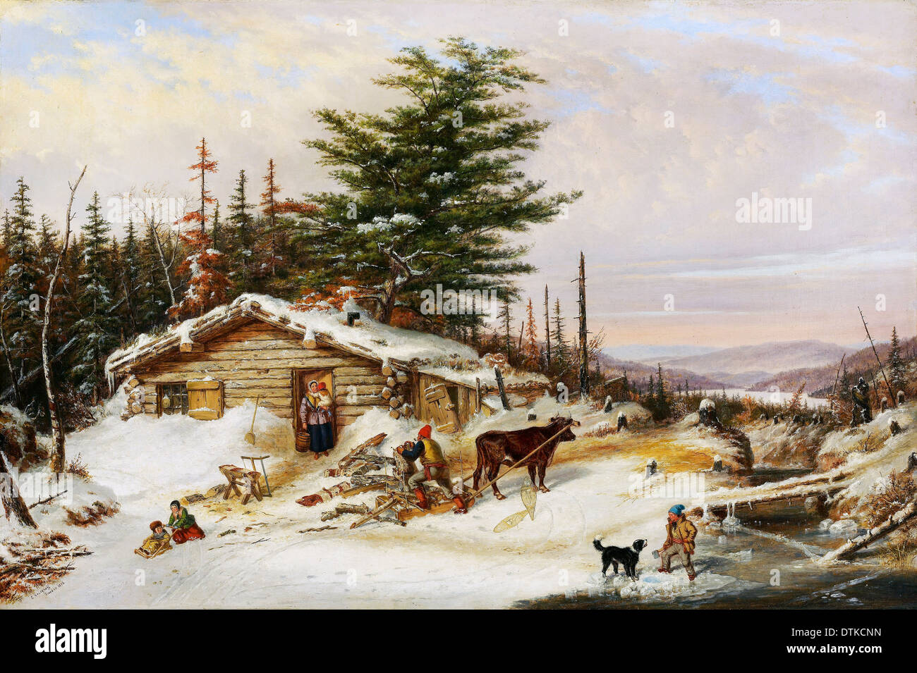 Cornelius Krieghoff, Settler's Log House 1856 Oil on canvas. Art Gallery of Ontario, Toronto, Canada. Stock Photo