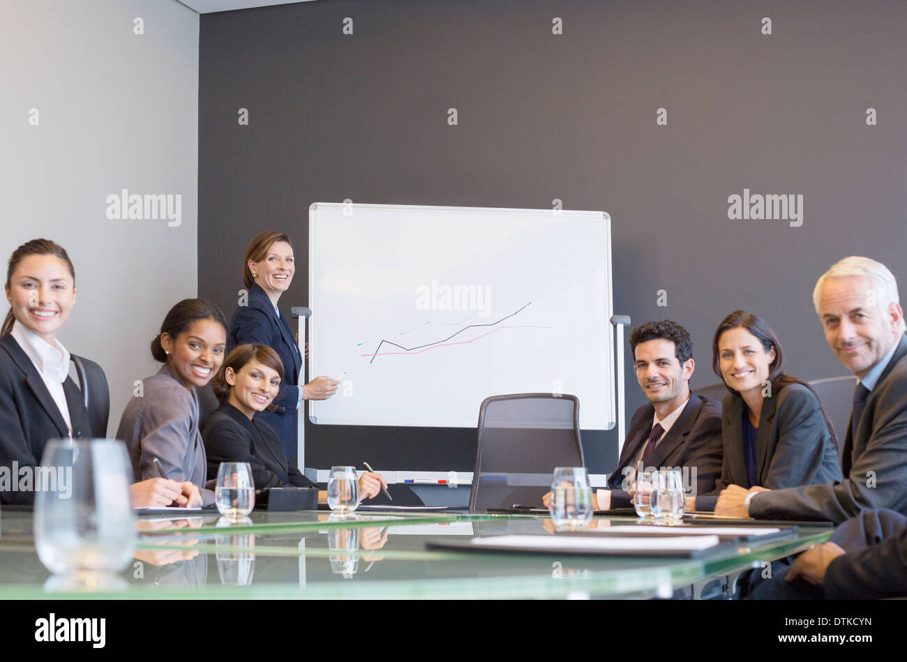 Businesswoman drawing graph for colleagues in meeting Stock Photo