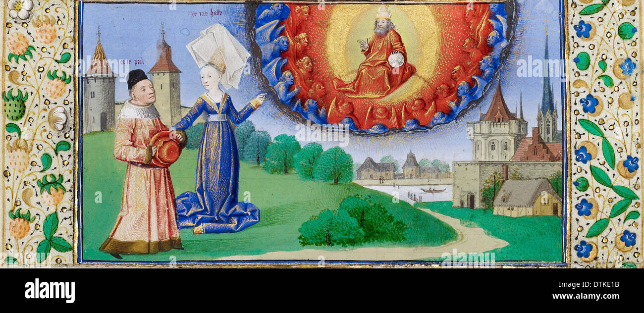 Coetivy Master, Philosophy Instructing Boethius on the Role of God. Circa 1460-1470 Tempera colors, gold leaf, gold on parchment Stock Photo