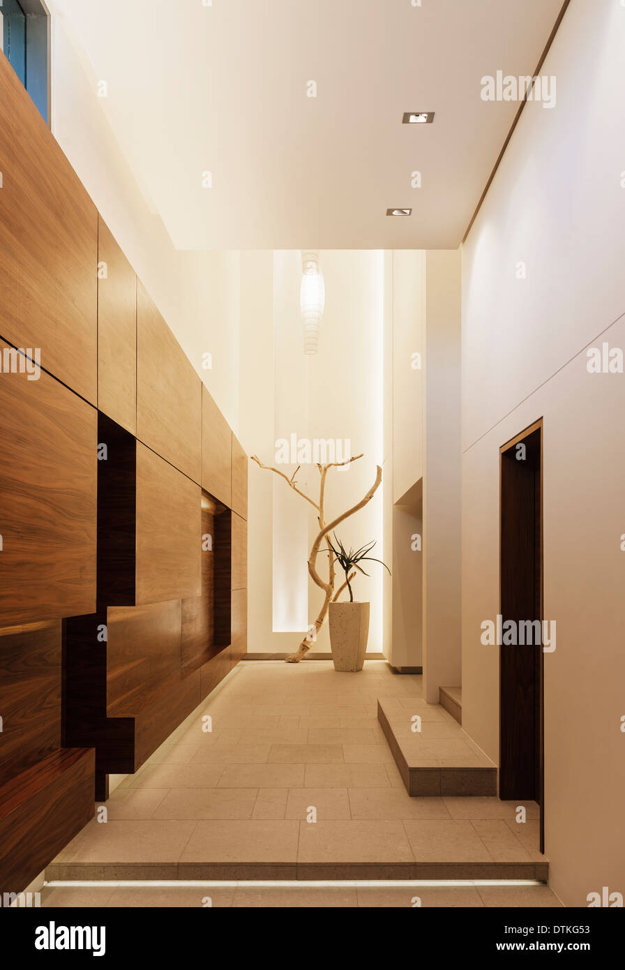 Wood paneling in modern corridor Stock Photo