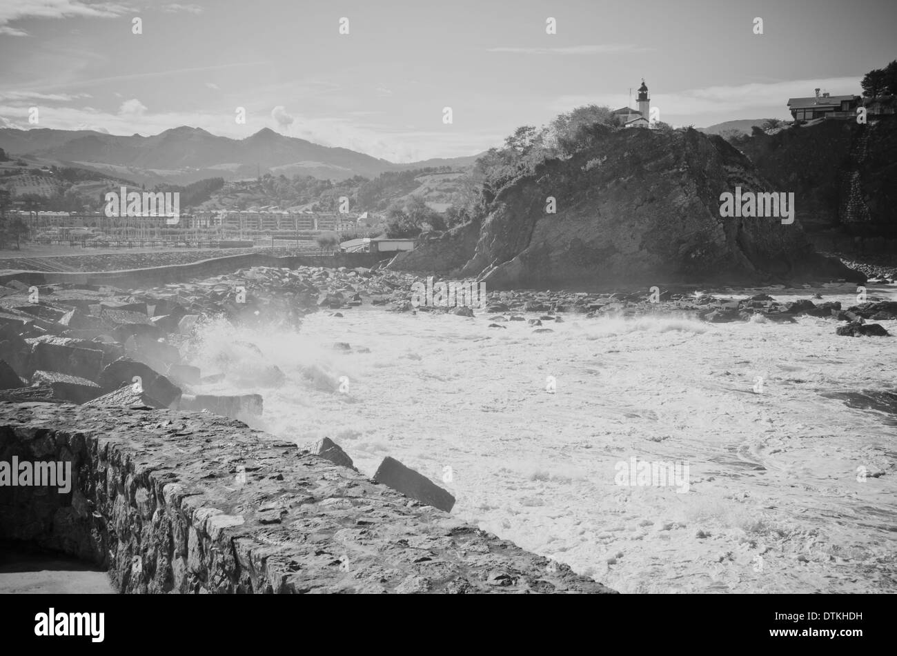 Zumaia bay on the Basque coast, Spain, on black and white Stock Photo