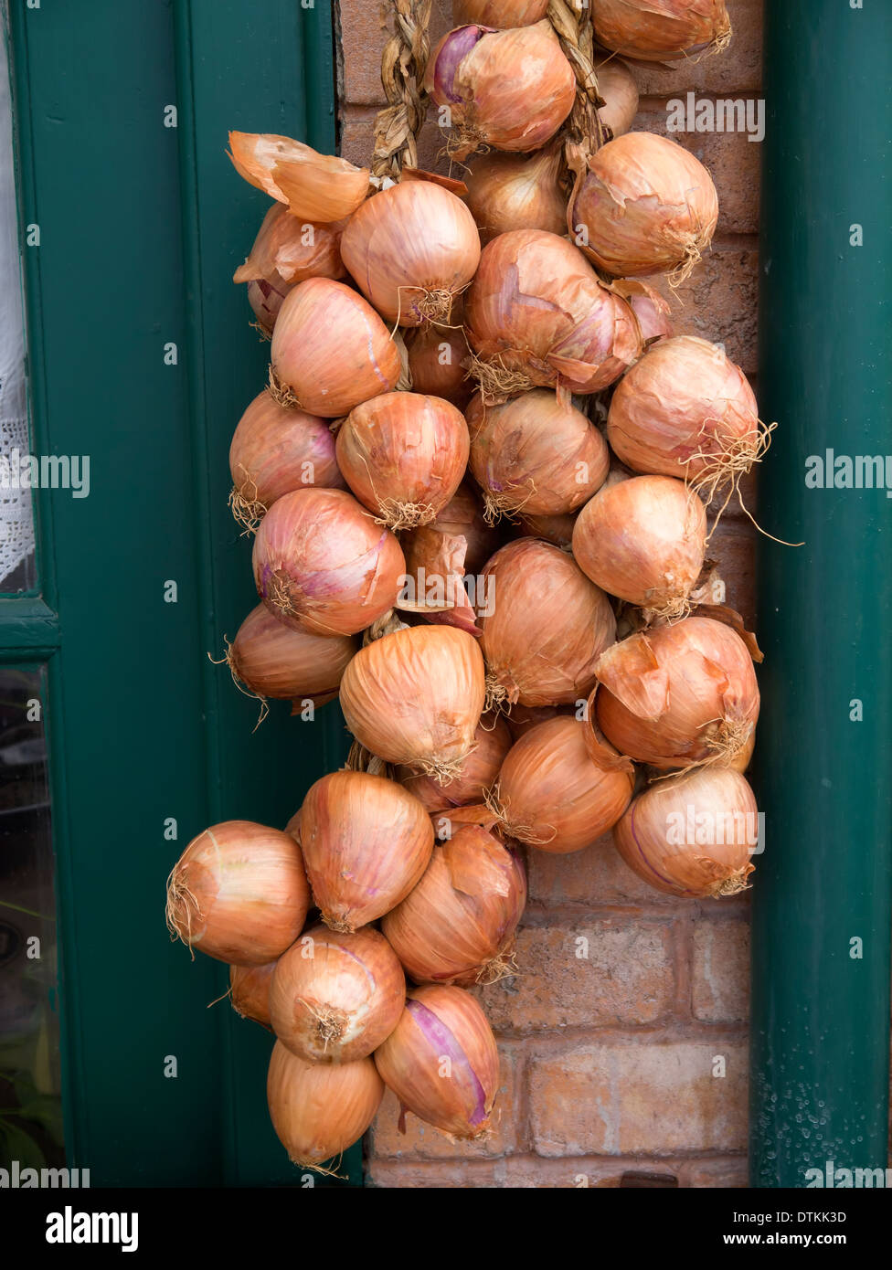 A bunch of onions strung up outside a shop on the Island of Ithaca in Greece Stock Photo