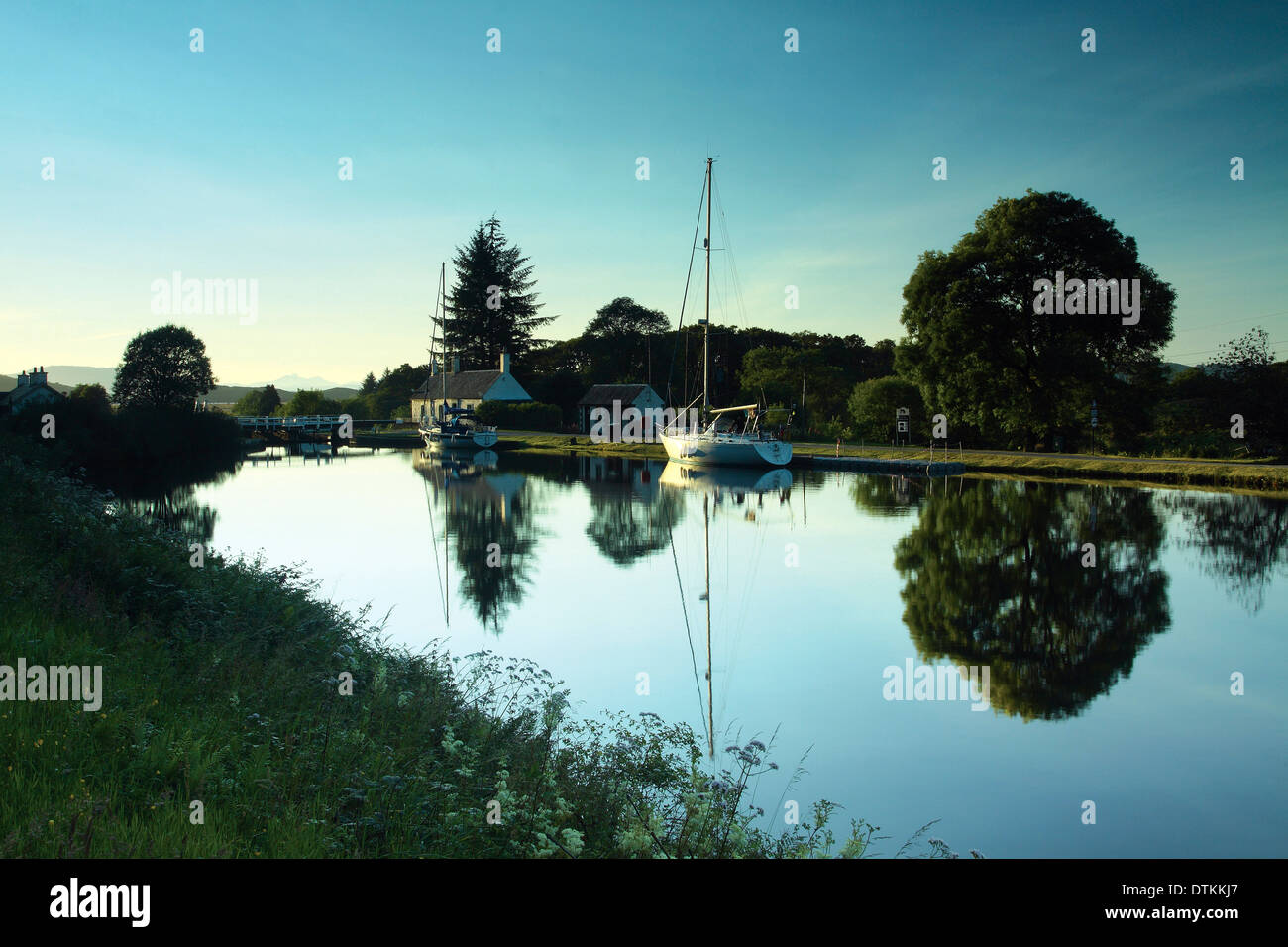 A yacht moored at Dunardry Locks near Cairnbaan on the Crinan Canal, Argyll & Bute, Scotland Stock Photo