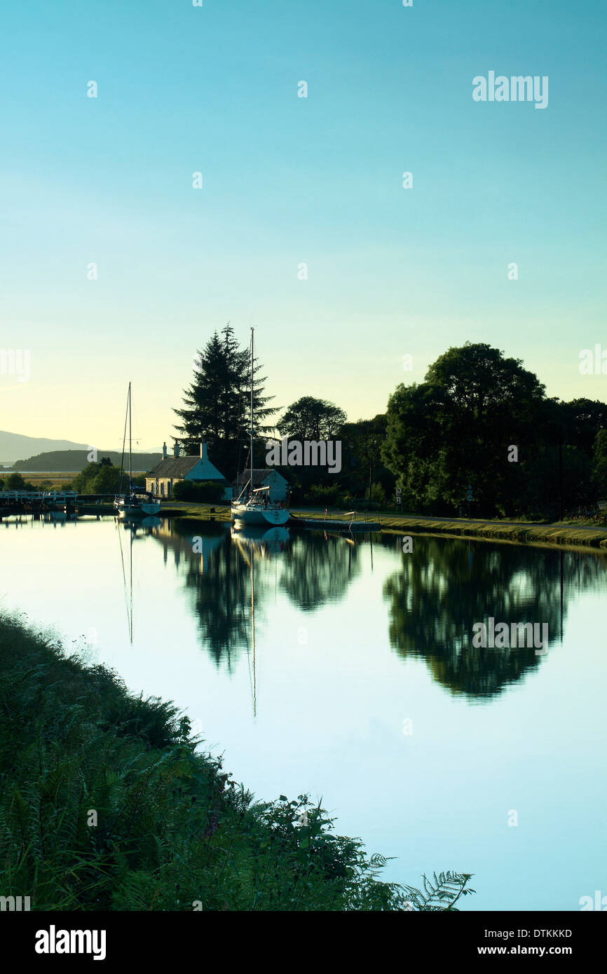 A yacht moored at Dunardry Locks near Cairnbaan on the Crinan Canal, Argyll & Bute, Scotland Stock Photo