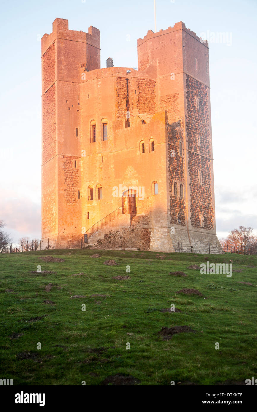 Late afternoon winter sunshine shining on walls of Orford Castle