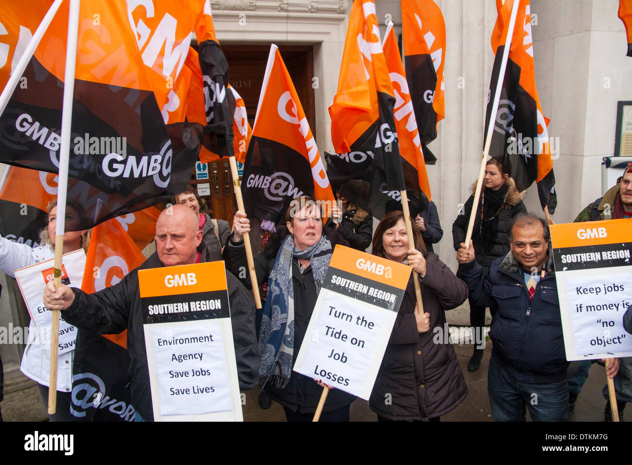 London, February 20th 2014. Protesters from the GMB Union demonstrate in London ahead of a meeting to discuss proposed cuts to 1,700 jobs with the Environment Agency, which looks after many of the UK's rivers. Credit:  Paul Davey/Alamy Live News Stock Photo