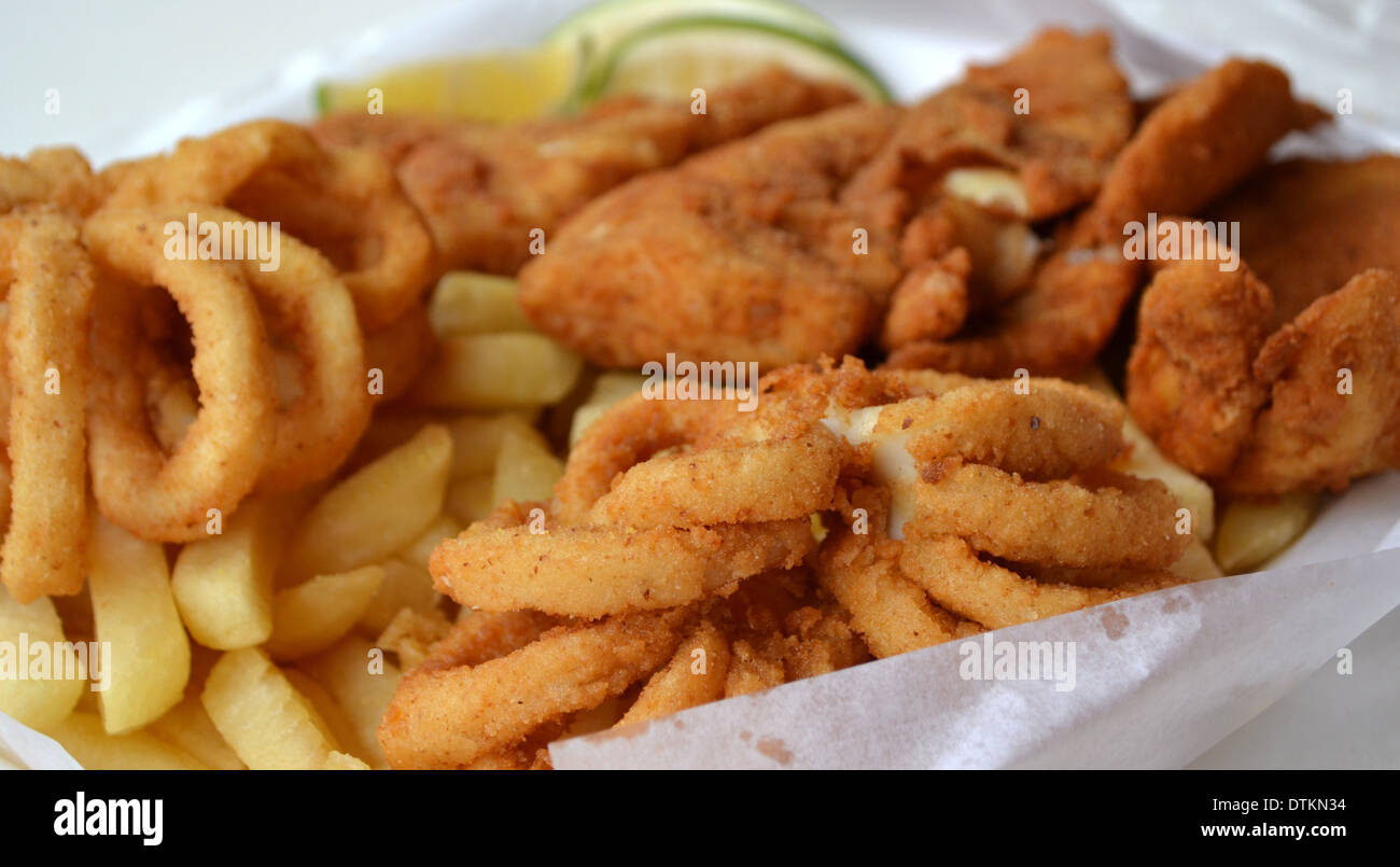Fish And Chips With Calamari Stock Photo Alamy