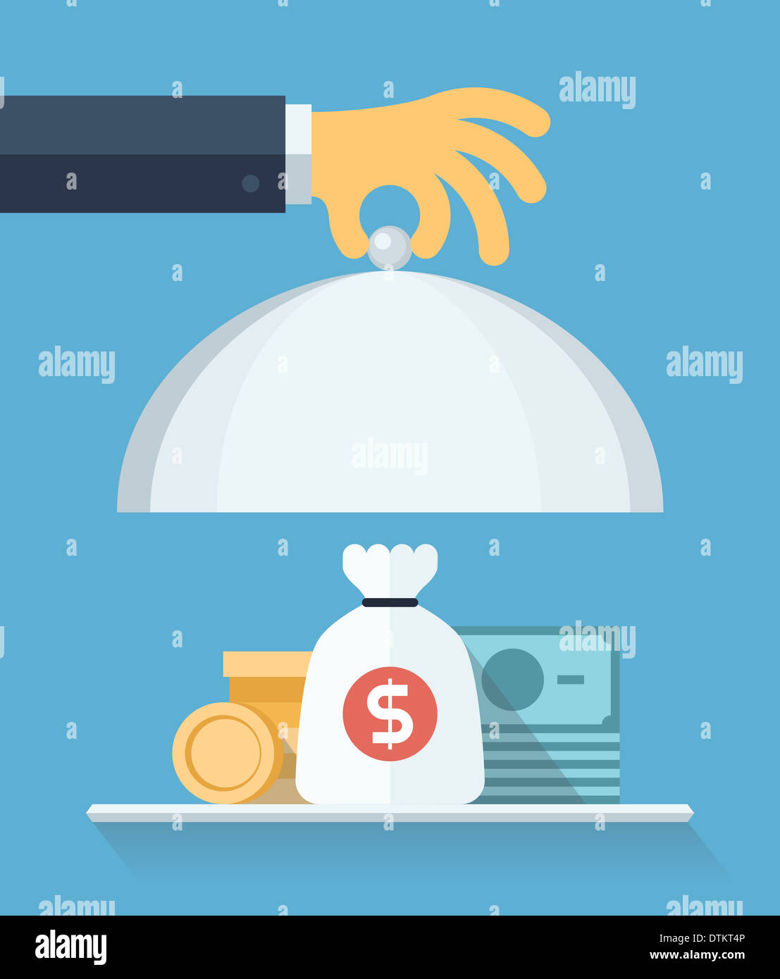 Flat design modern illustration concept of businessman offering a money on the serve plate for funding a commercial project Stock Photo