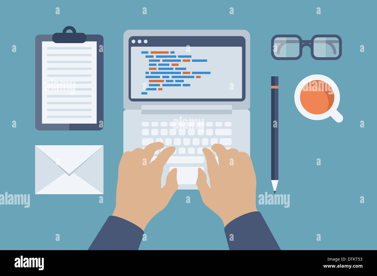 Flat design modern illustration concept of programmer or coder workflow for website coding and html programming Stock Photo