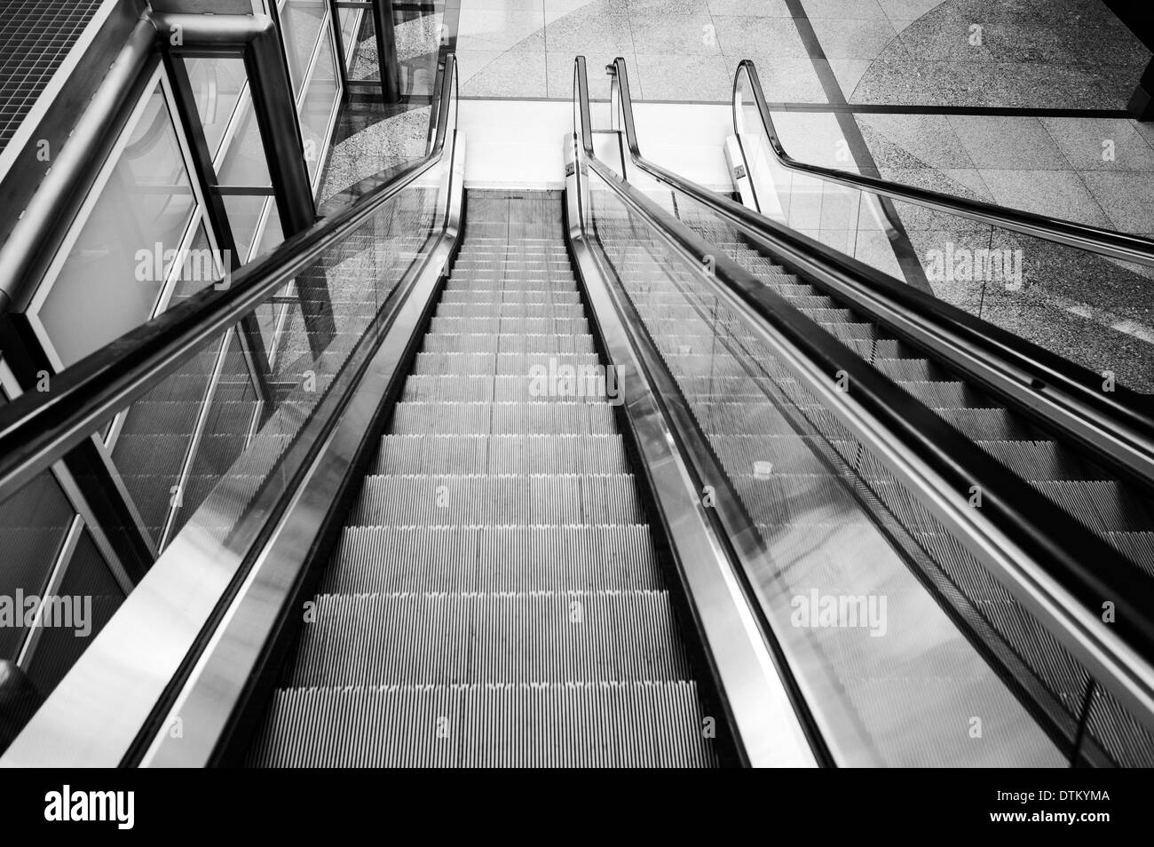 Black & white view of escalator, International Airport, Colorado, USA Stock Photo