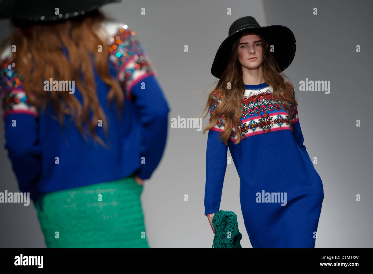 A model wears a design created by Sister by Sibling during London Fashion Week Autumn/Winter 2014, at Somerset House in central Stock Photo
