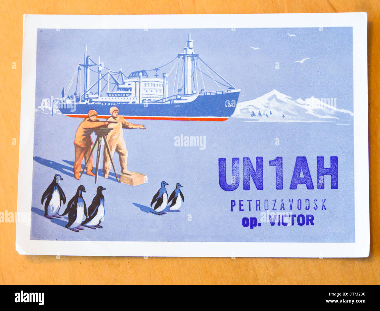 Vintage qsl cards sent between ham operators on first contact, from Petrozavodsk Soviet Union, motive Antarctic expedition, 1959 Stock Photo