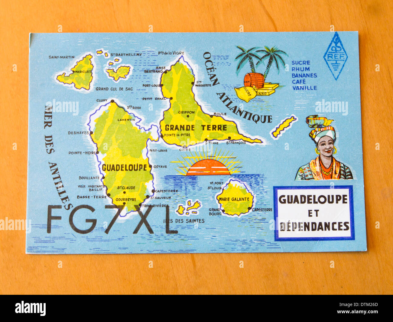 Vintage qsl cards sent between radio amateurs - ham operators - on first contact, from Guadeloupe to Norway  ca 1960 Stock Photo