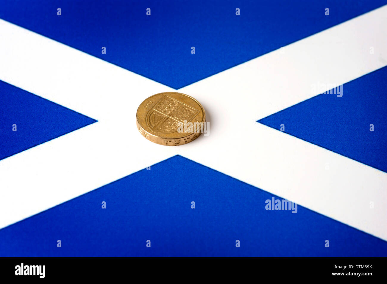 Scotland Independence generic image of a pound coin on a Scottish flag background Stock Photo