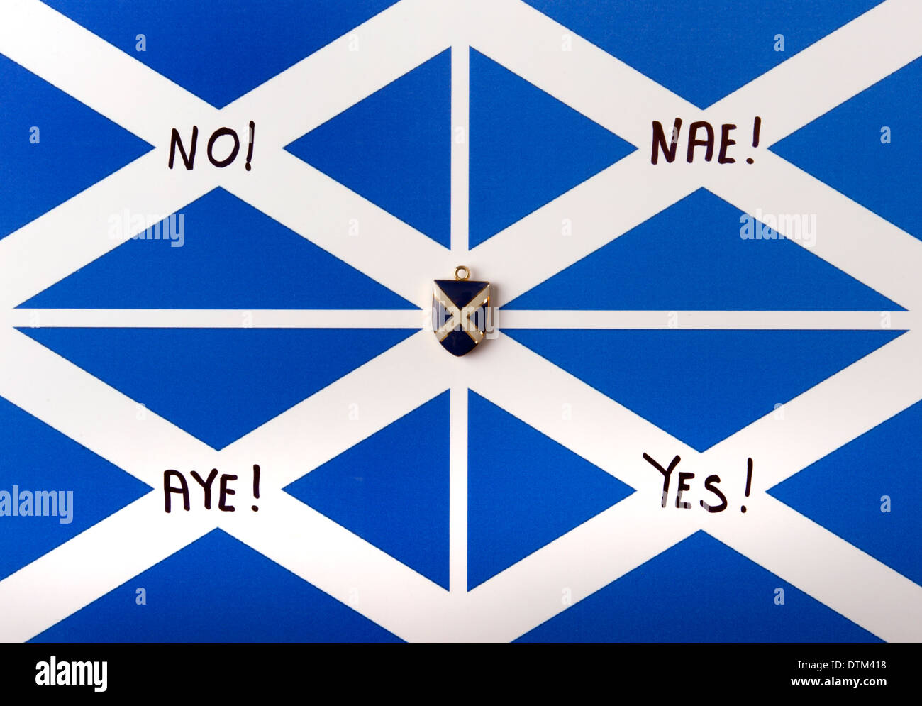 An enamel fob with a cross of St Andrew on Scottish saltire flags marked with No Nae Yes and Aye which way will they vote Stock Photo