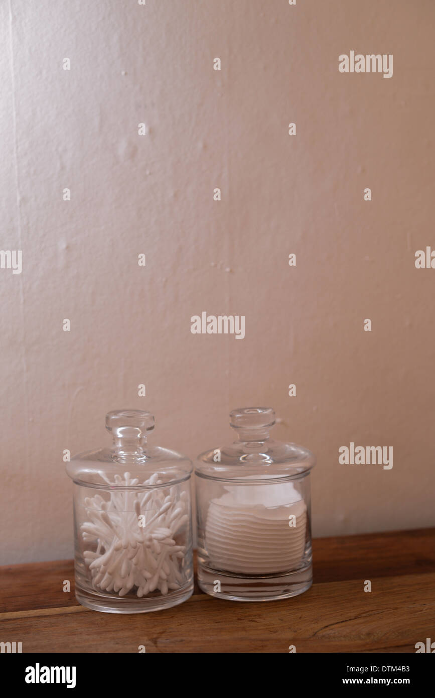 Two glass jars with cotton wool products Stock Photo Alamy