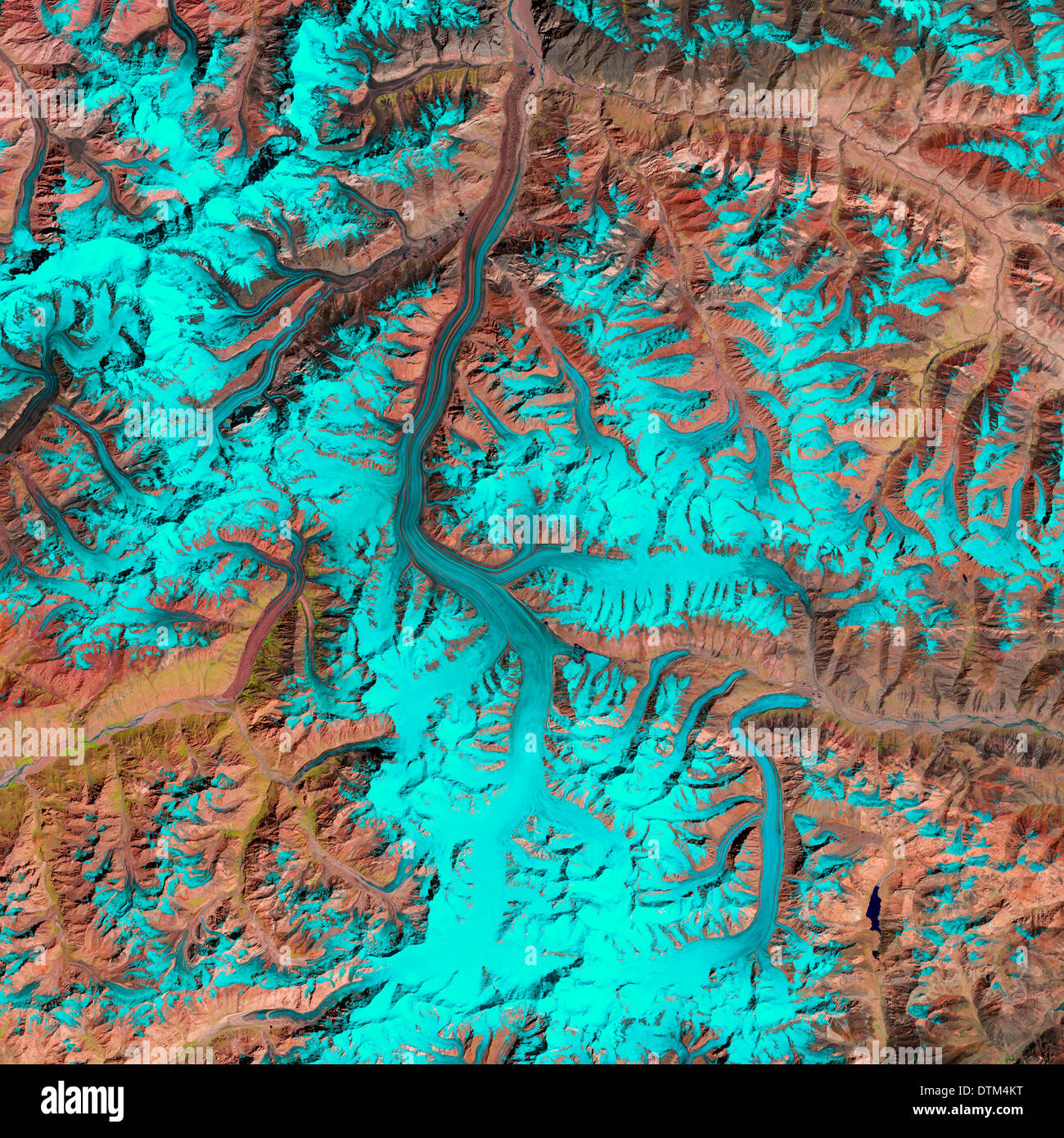 Fedchenko Glacier Pamir Mountains Tajikistan as seen in this false color NASA Landsat 5 satellite image from space. Stock Photo