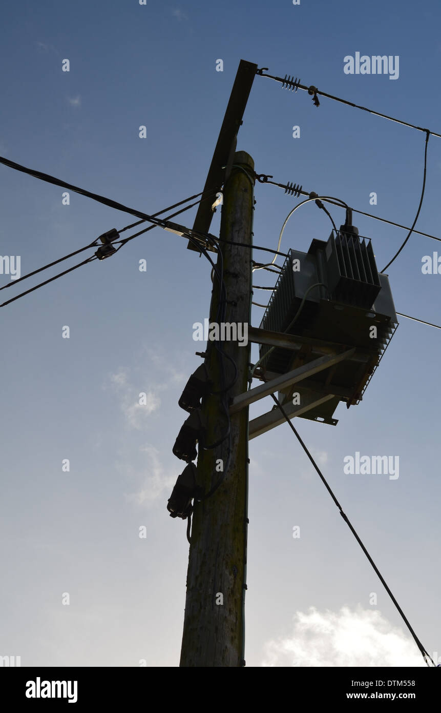 British electricity pole and transformer. Stock Photo