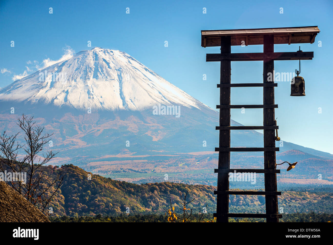 Fuji Mountain and an old village bell tower in Japan. Stock Photo