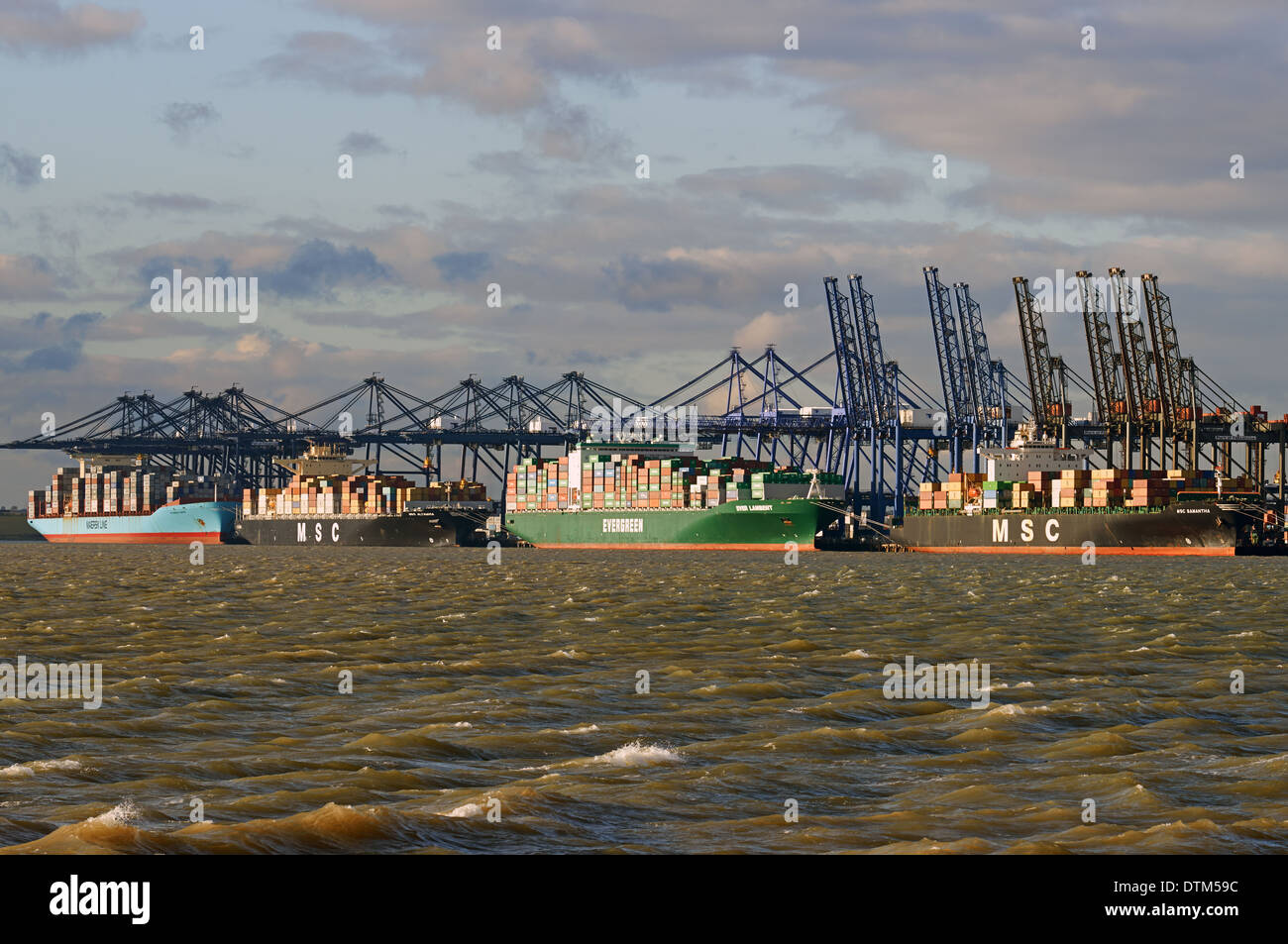 Container ships, Trinity Quay, Port of Felixstowe, Suffolk, UK. Stock Photo