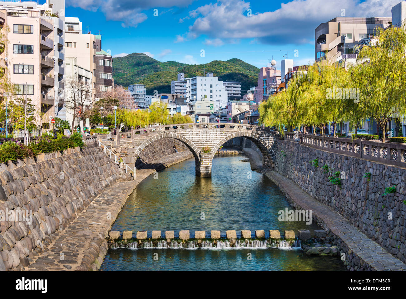 Nagasaki, Japan at historic Megane "Spectacles" Bridge over the Nakashima River. Stock Photo