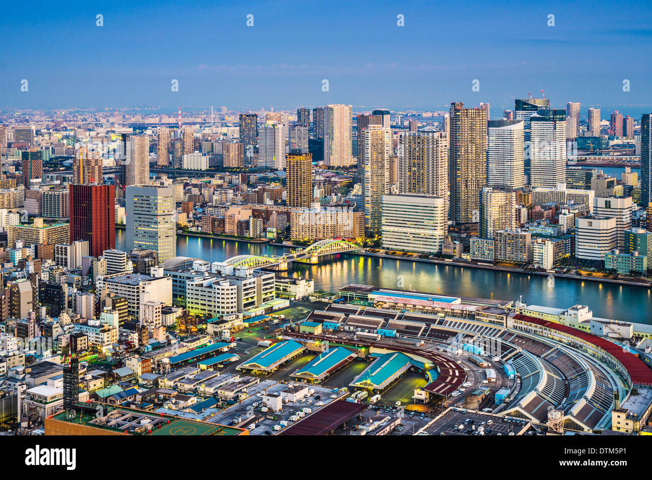 Tokyo, Japan cityscape aerial cityscape over Tsukiji Market at twilight. Stock Photo