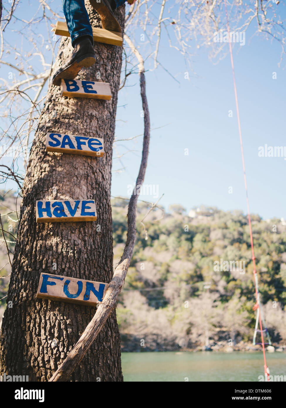 Tree climbing. Be safe have fun. Stock Photo