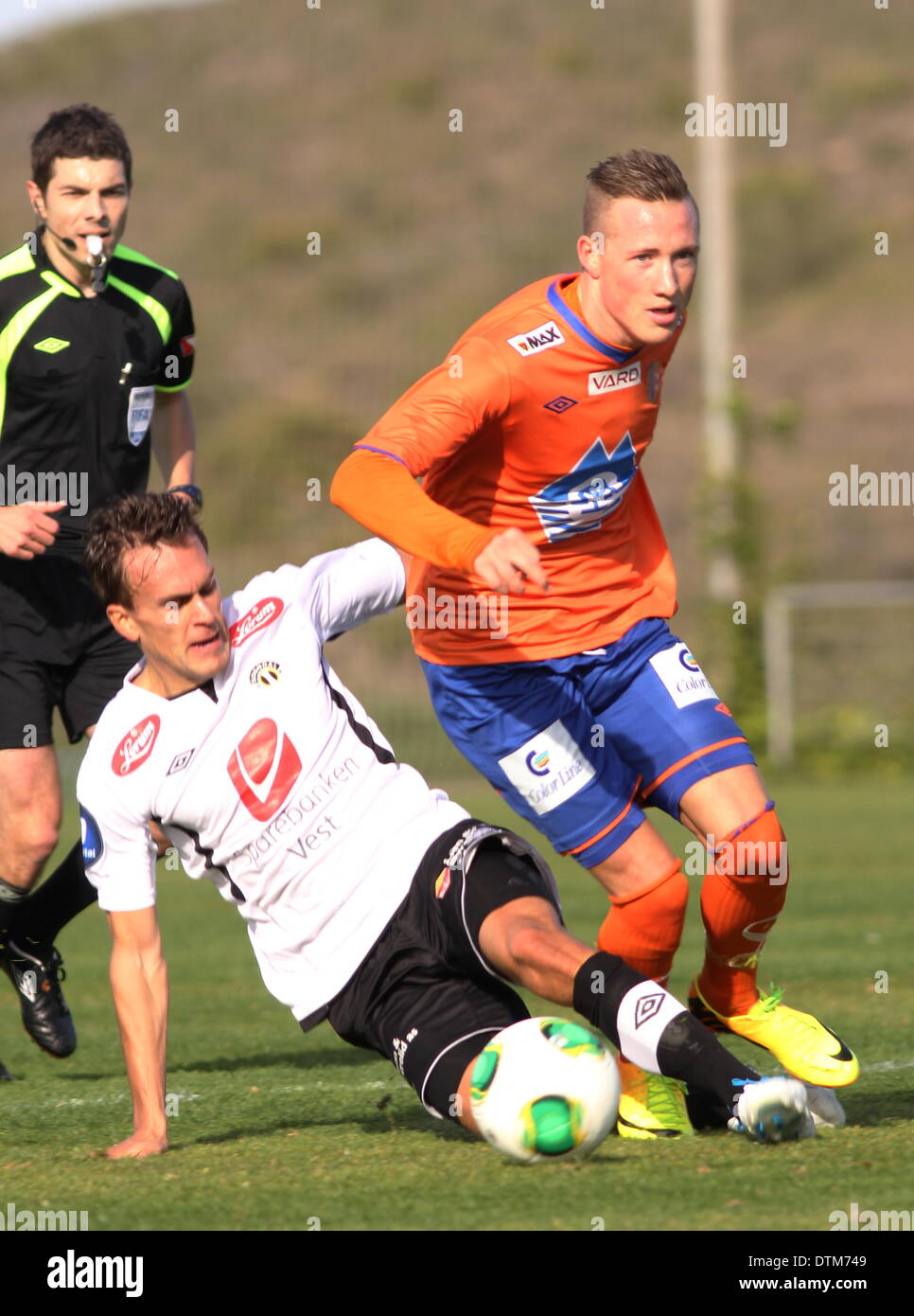 La Manga, Spain. 20 February 2014. The La Manga Cup 2014. Aalesund versus Sogndal, La Manga, Spain. Frederik Ulvestad (Aalesund) rides a challenge Credit:  Tony Henshaw/Alamy Live News Stock Photo