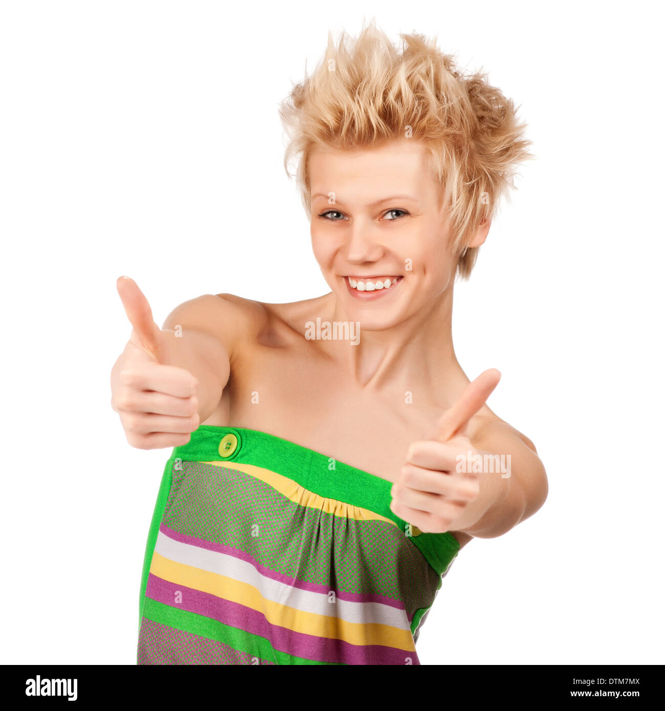 Happy smiling girl with thumbs up gesture, isolated on white background ...