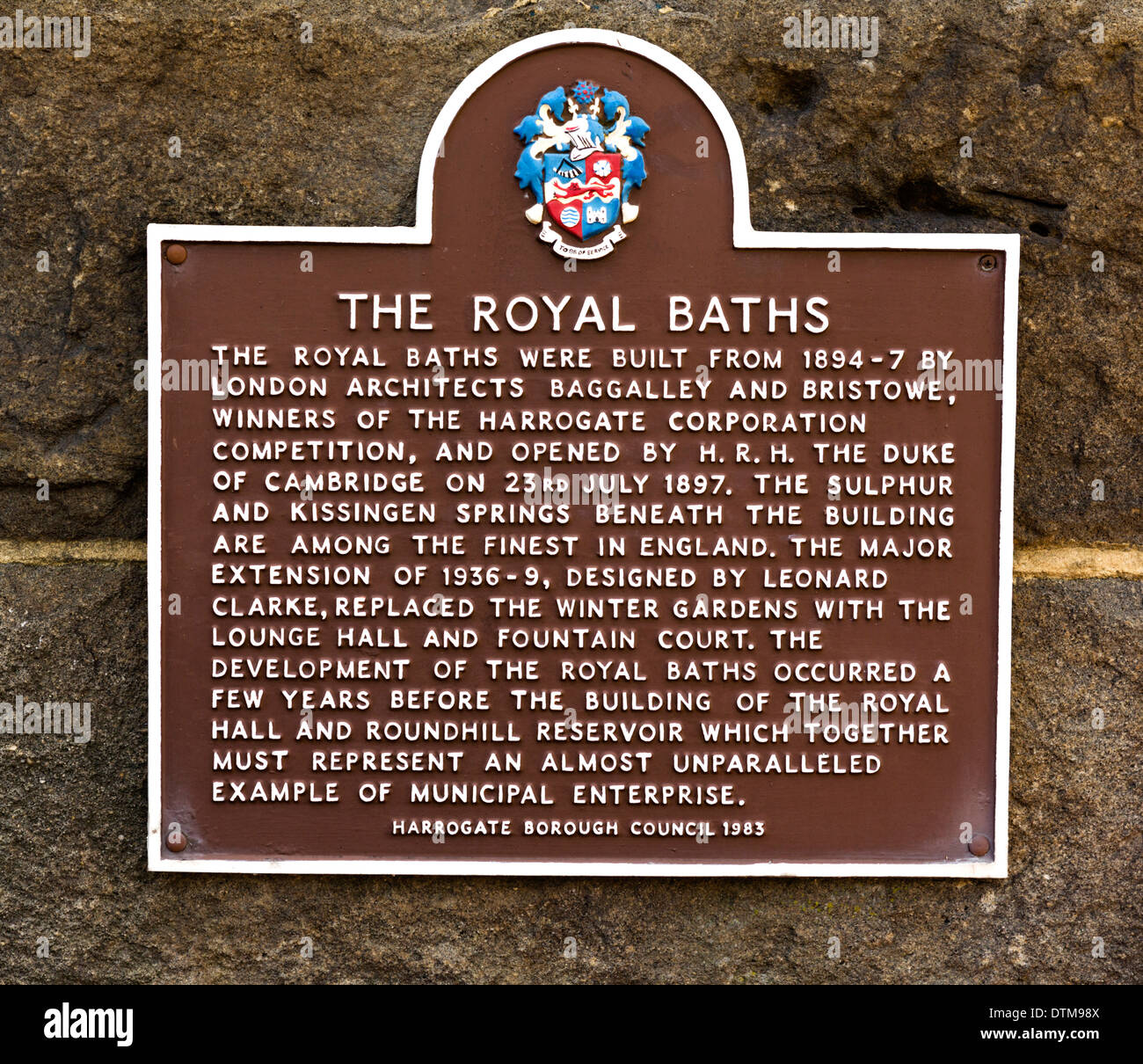 Historical plaque outside The Royal Baths buildings, Harrogate, North Yorkshire, England, UK Stock Photo