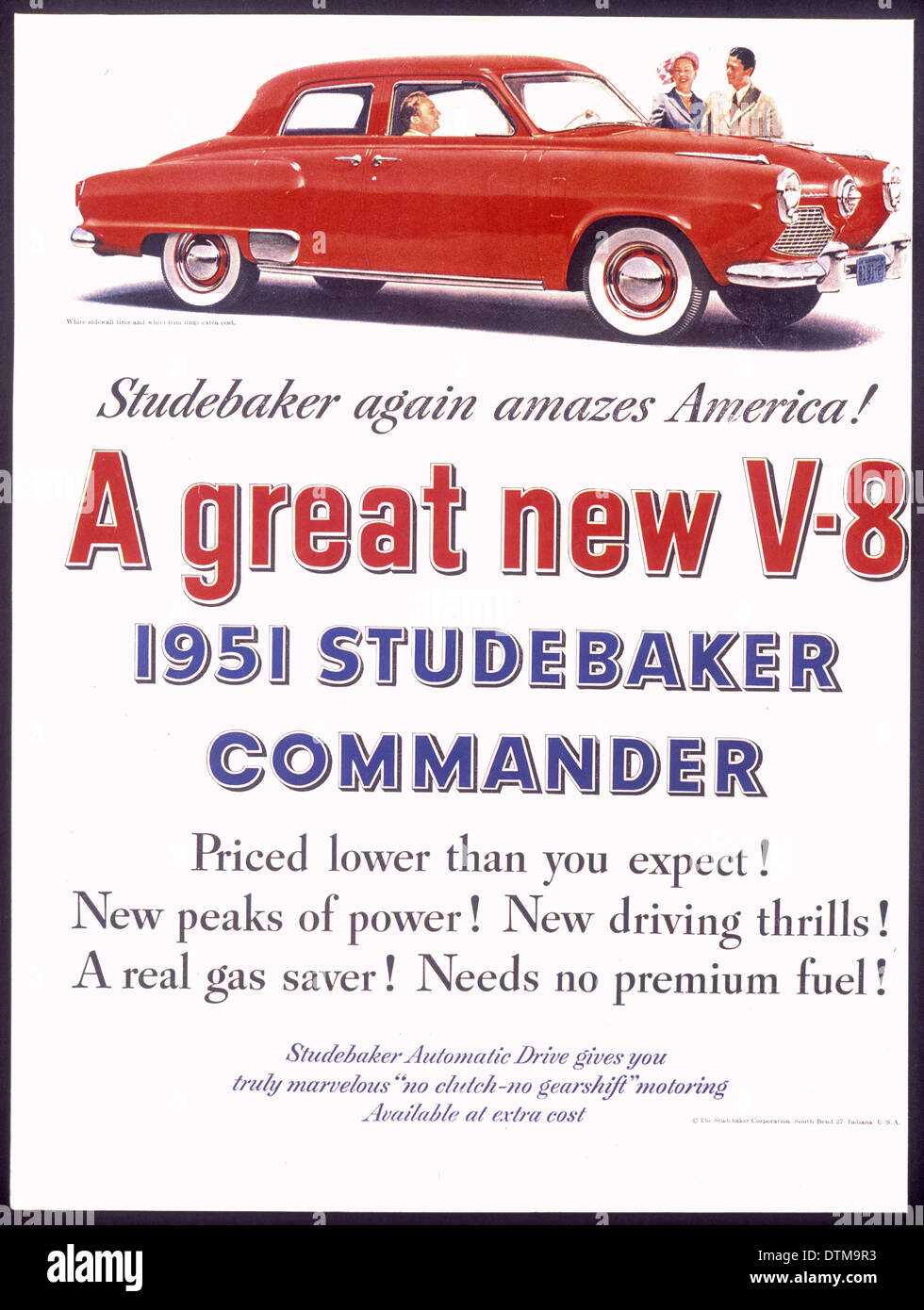Car ad, 1951 red Studebaker, V8 engine Stock Photo