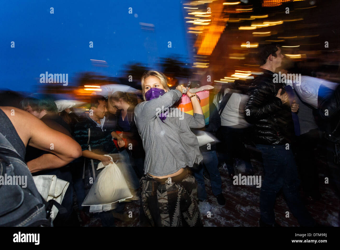 Valentines Day Pillow Fight Action In San Francisco Stock Photo