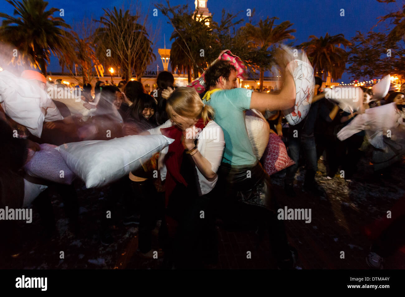 People Whirl And Twirl In Valentines Day Pillow Fight In San Stock