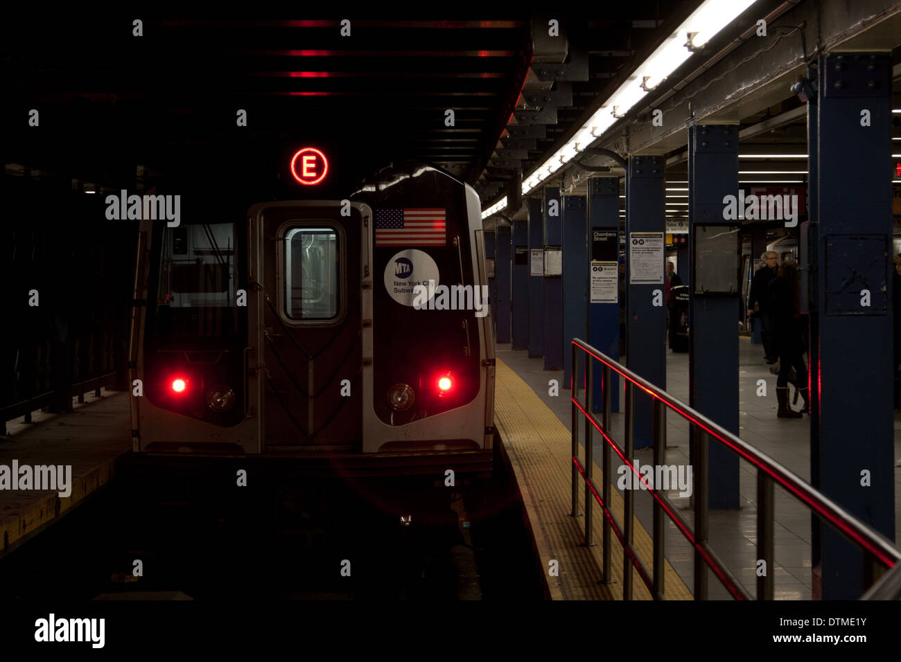 New York City Subway train at Chambers Street station Stock Photo