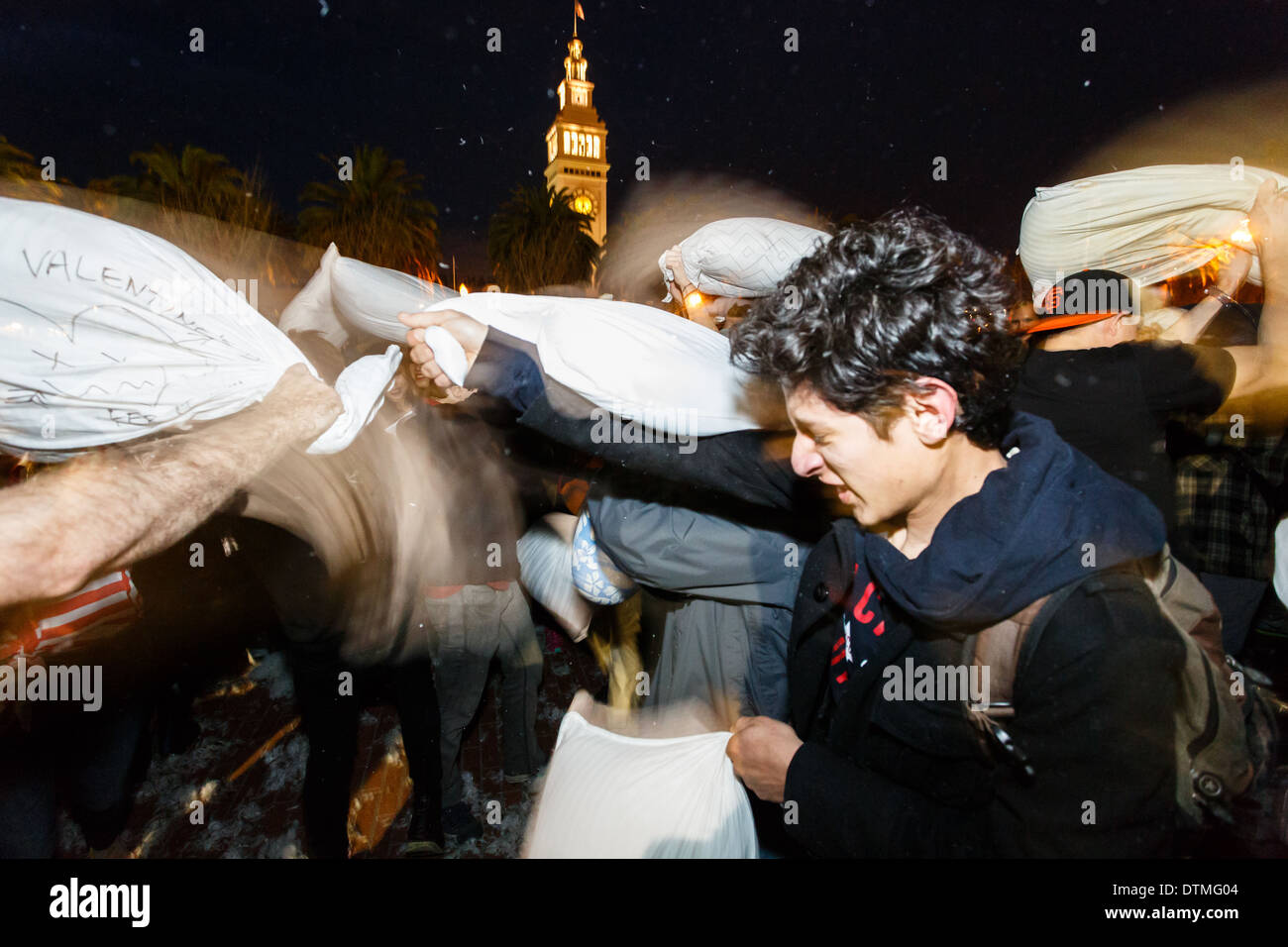 Valentines Day Pillow Fight Action In San Francisco Stock Photo