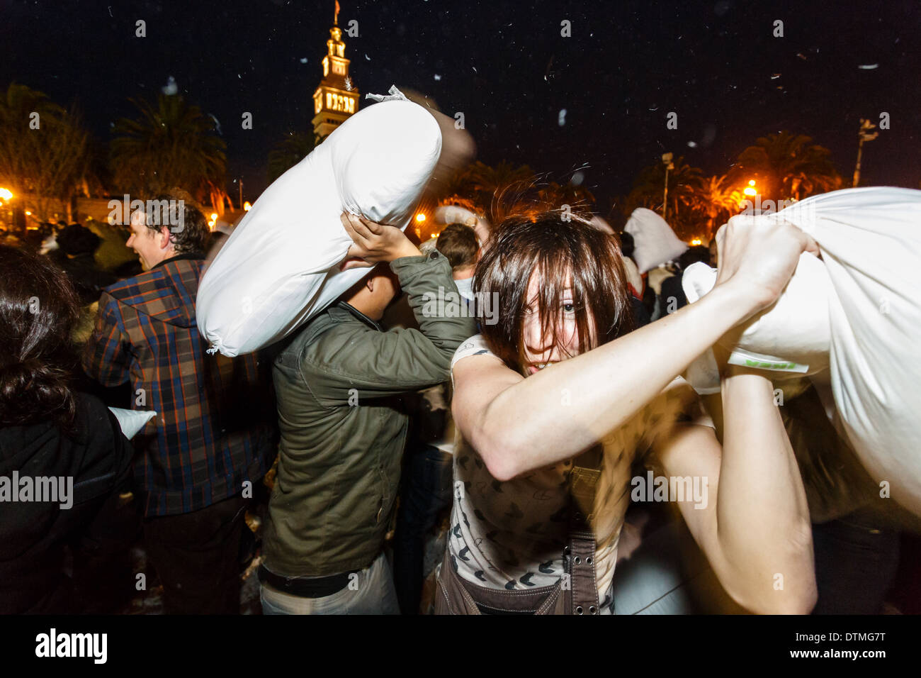 Incoming pillow at Valentines Day pillow fight in San Francisco Stock Photo