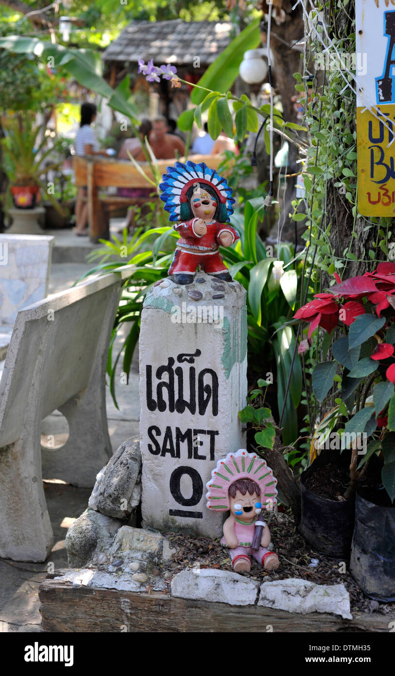 Koh Samet island zero miles marker stone beside the beach at Ao Thian, Thailand. Stock Photo