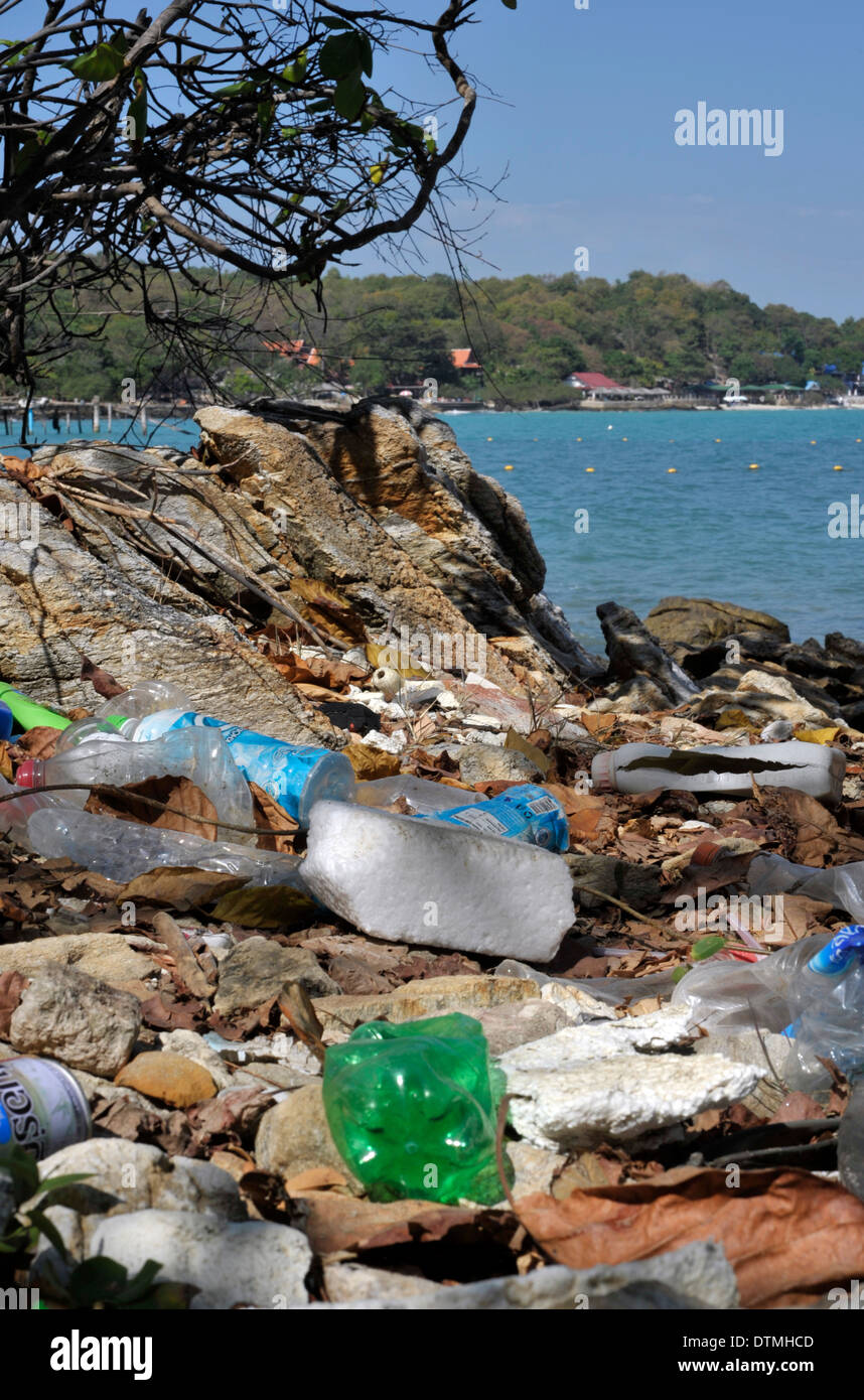 Trash on Koh Samet Island near Ao Thian beach, Thailand. Stock Photo