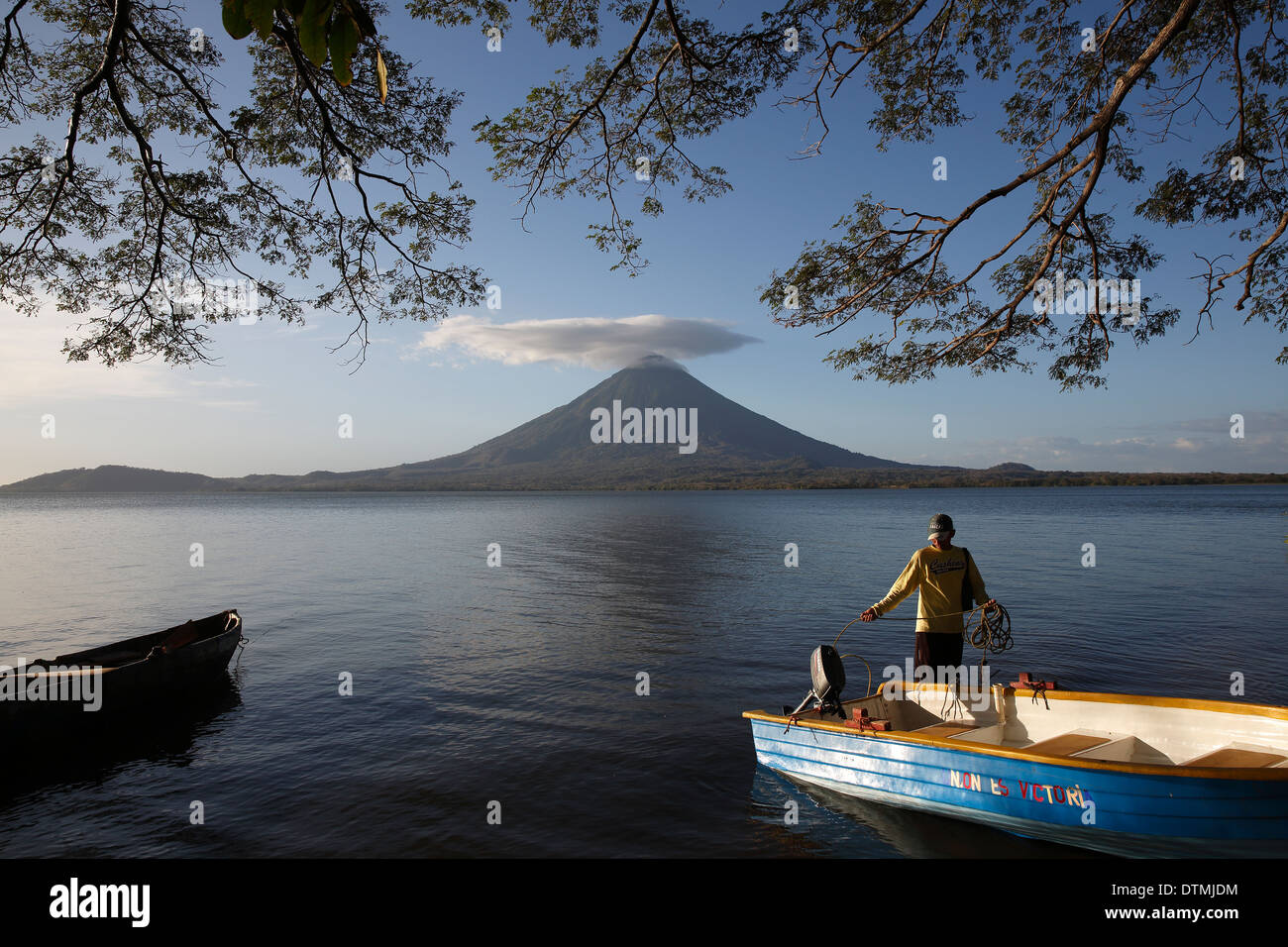 Ometepe Island, Fisherman on Lake Nicaragua, Concepcion Volcano Stock Photo