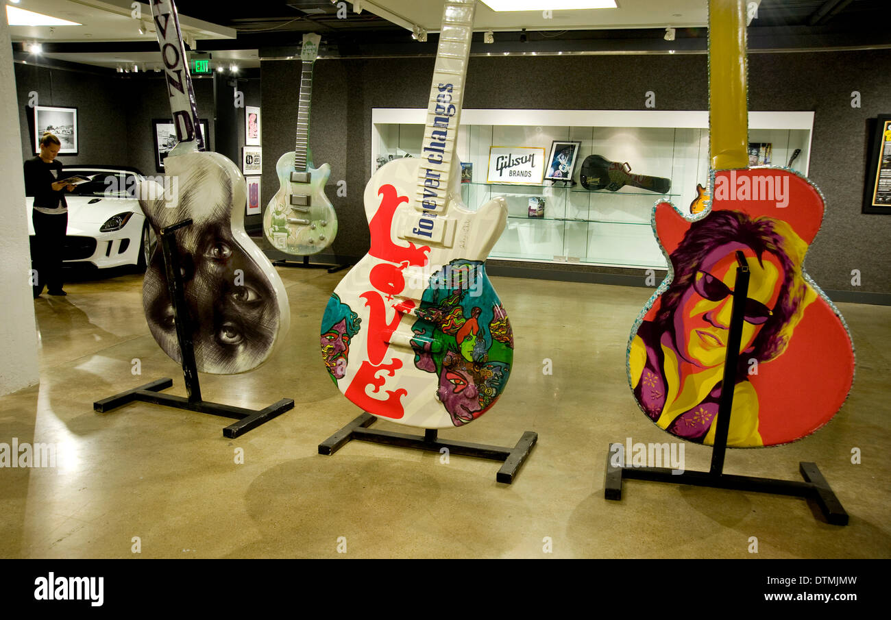 LA, California, USA. 20th Feb 2014.  The 10-foot tall Gibson guitar art sculptures that have lined THE SUNSET STRIP will end their year-long tour on Friday, February 21, 2014, when they are auctioned for charity at a gala event at Bonham's in Los Angeles. This is the third installment of the annual public art project, and all proceeds from this auction will benefit Music For Relief, the nonprofit organization founded by members of Linkin Park to support disaster relief, provide aid to survivors of natural disasters and support the prevention of such disasters via environmental programs. © Robe Stock Photo